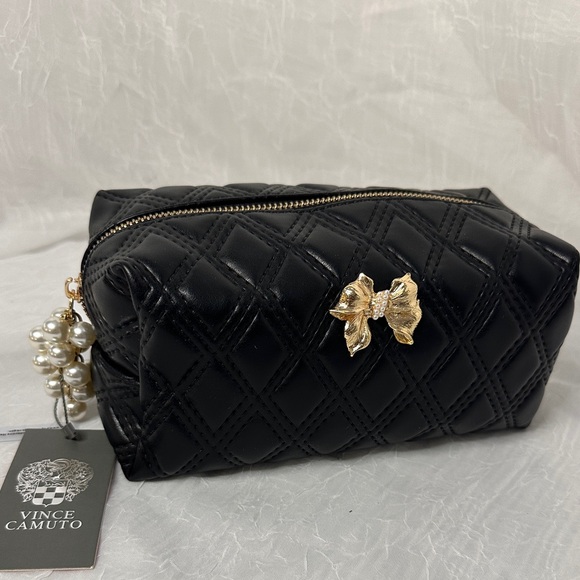 Vince Camuto Black Quilted Cosmetic Bag with Gold Bow - Picture 1 of 5